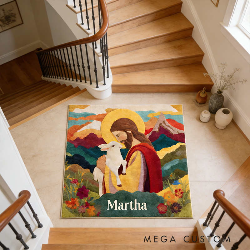 Personalize Jesus and Lamb Rug with Custom Name Religious Rug for Women Faith Based Gift Christian Gift for Her