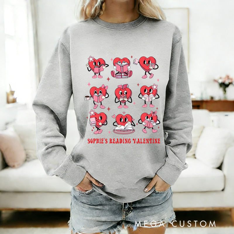 Personalized Bookish Heart Sweatshirt Red Reading Heart for Librarian Sweatshirt with Name Valentines Day Gift for Book Lover Girlfriend Wife Women