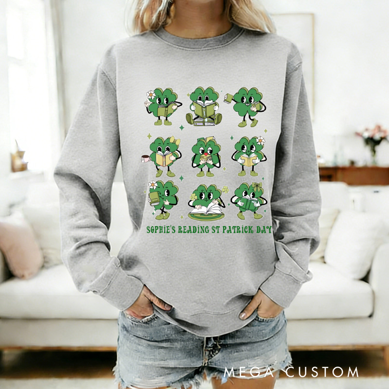 Personalized Shamrock Book Sweatshirt Lucky Book Sweatshirt with Name t Patrick Day Sweatshirt Gift for Librarian Book Lover Irish Friends Gift