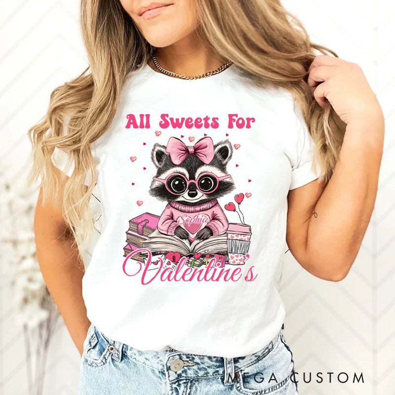 Personalized Raccoon All Sweets For Valentine Book Classic T-Shirts Xoxo Tee for Librarian Shirt with Name Valentines Day Gift for Book Lover Girlfriend Wife Women