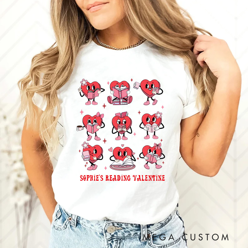 Personalized Bookish Heart Classic T-Shirts Red Reading Heart Tee Librarian Shirt with Name Valentines Day Gift for Book Lover Girlfriend Wife Women