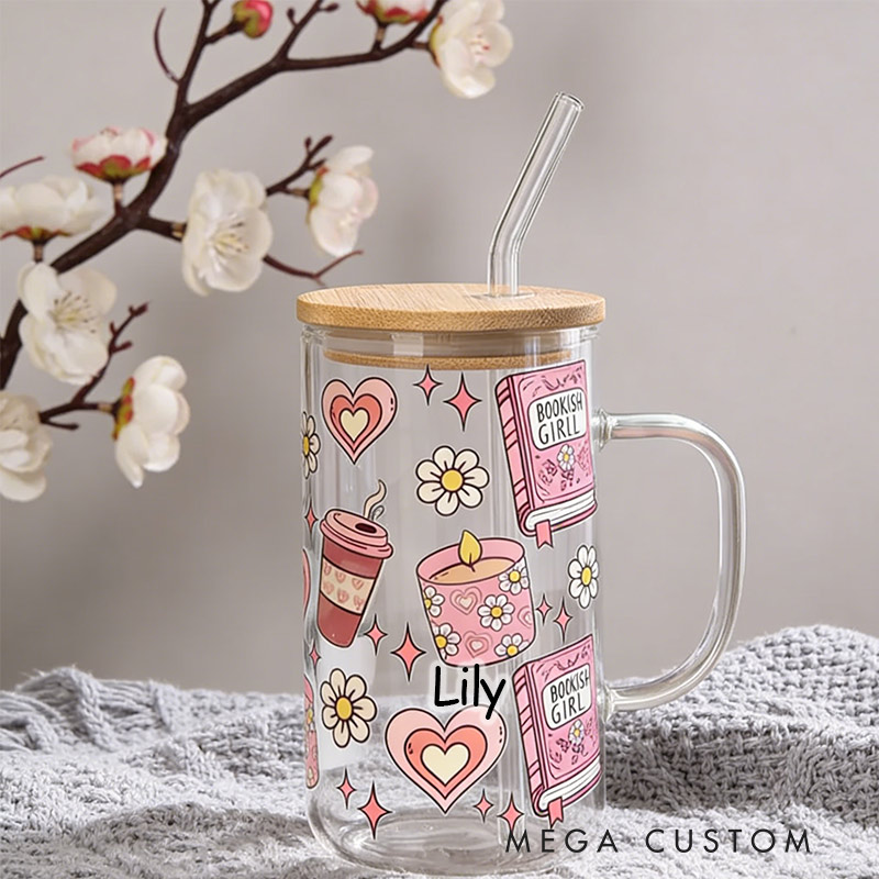 Personalized Bookish Girlie Iced Glass Coffee Cup Valentine's Cute glass Cup for Reading Lovers