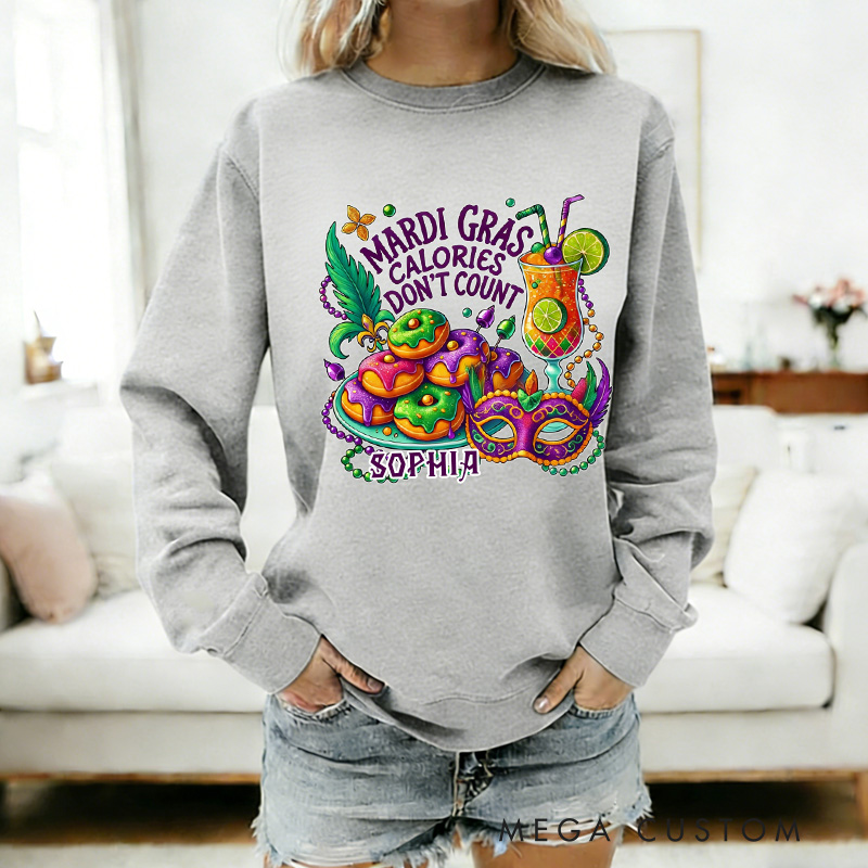 Personalized Mardi Gras Calories Don't Count Donut Coquette Sweatshirt with Name Mardi Mask Bead Shirt Gift for Women Her