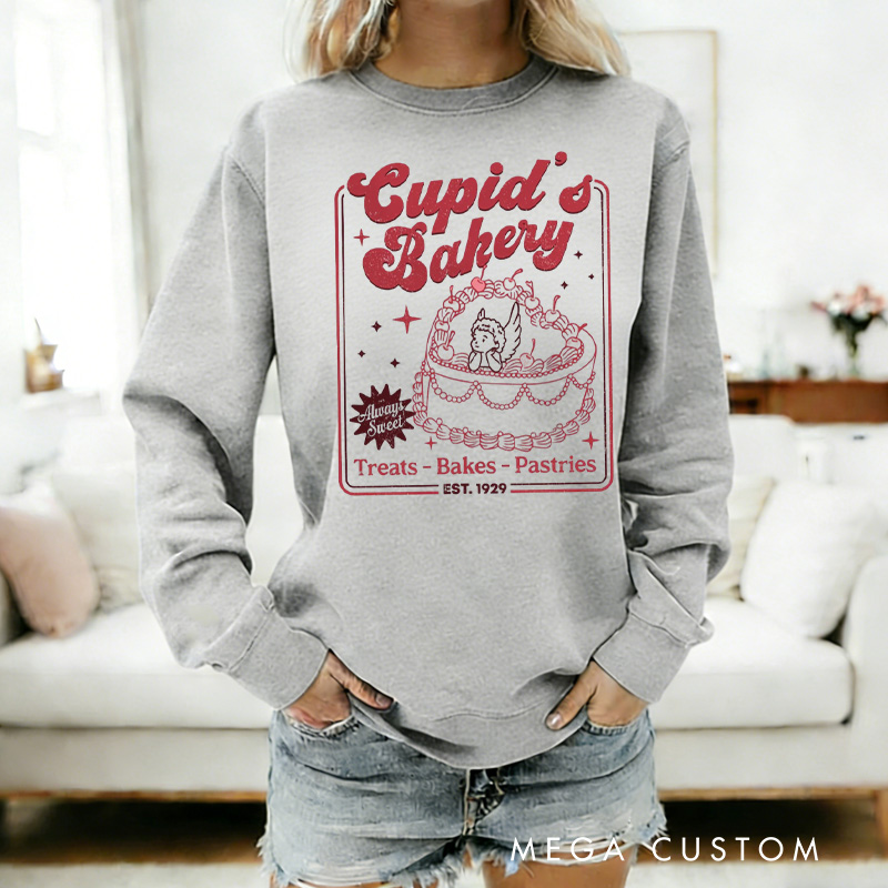 Personalized Cupid's Bakery Sweatshirt with Name Always Sweet Cake Sweatshirt Treats Bakes Pastries Shirt Valentine's Day Gift for Women Baking Lover Her