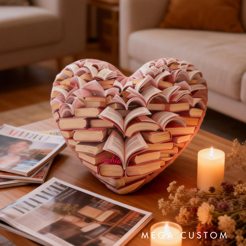 Personalized Book Heart Throw Pillow Graphic 3D Print Bookish Pillow Valentine Pillow with Name for Kids Boy Girl Gift for Reading Lover