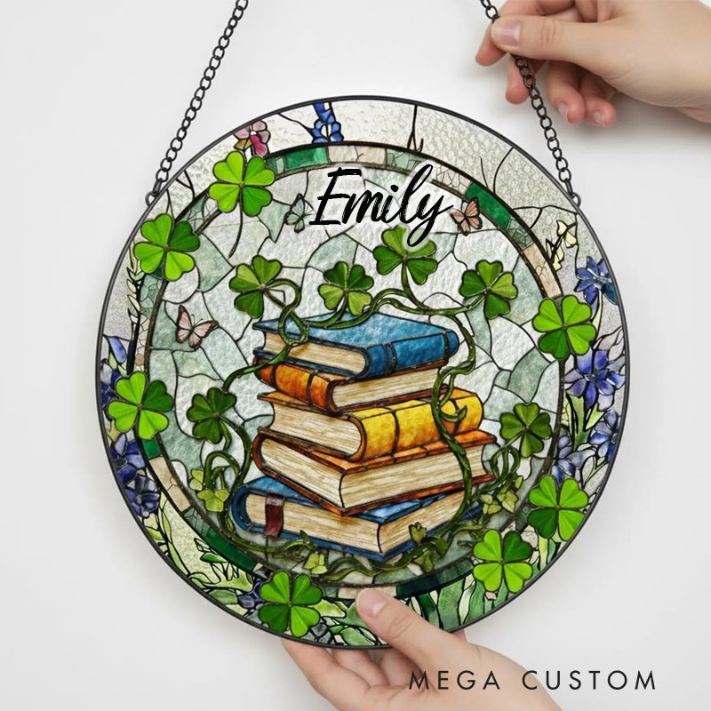 Personalized Shamrock and Books Stained Glass Suncatcher Literary Window Hanging for Reading Lovers 