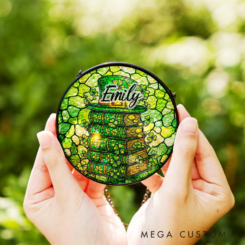 Personalized Lucky Leprechaun Hat Stained Glass Suncatcher Clover Books Decor for Reading Lovers 