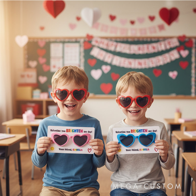 Personalized Valentine’s Heart Sunglasses Card for Kids Custom Name Gift with Fun Design Classroom Exchange School Non Candy Free