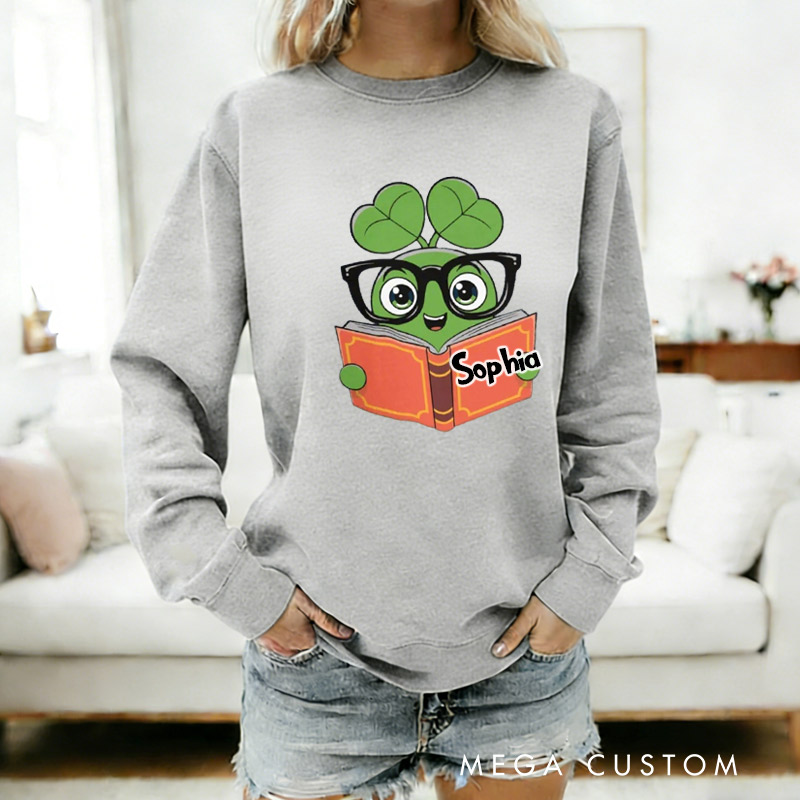 Personalized Cute Clover Book Sweatshirt St Patrick's Day Book Sweatshirt for Reading Lovers