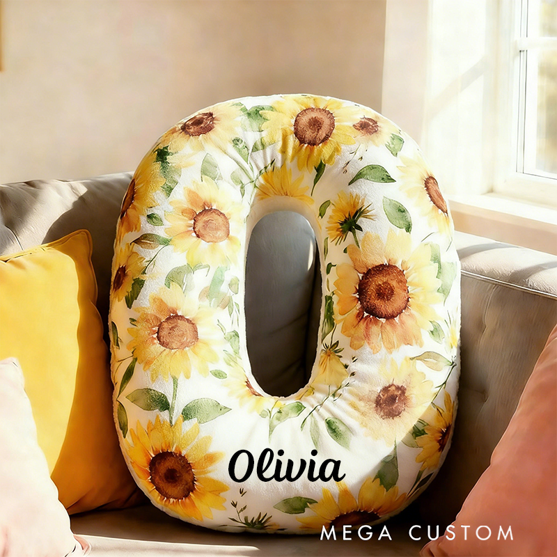 Personalized Letter Pillow Graphic 3D Print Watercolor Sunflower Floral Custom Name Pillow Gift for Kids Gardening Lovers Gift 