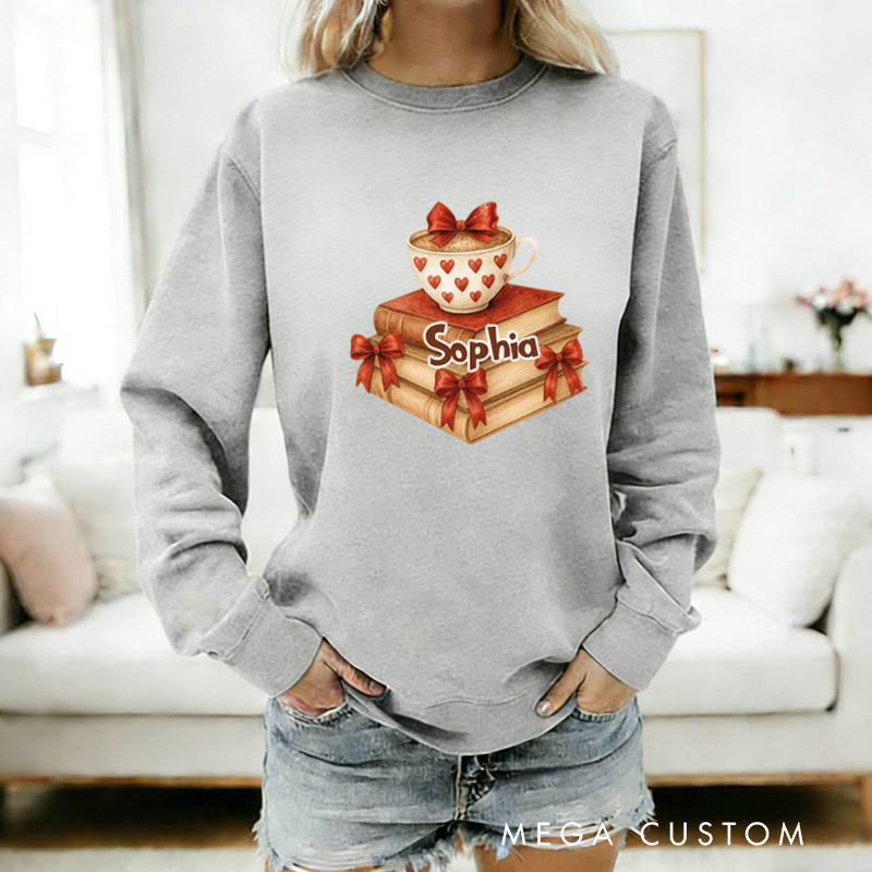 Personalized Book coffee valentine day  Sweatshirt bow book lover gift for Reading Lovers