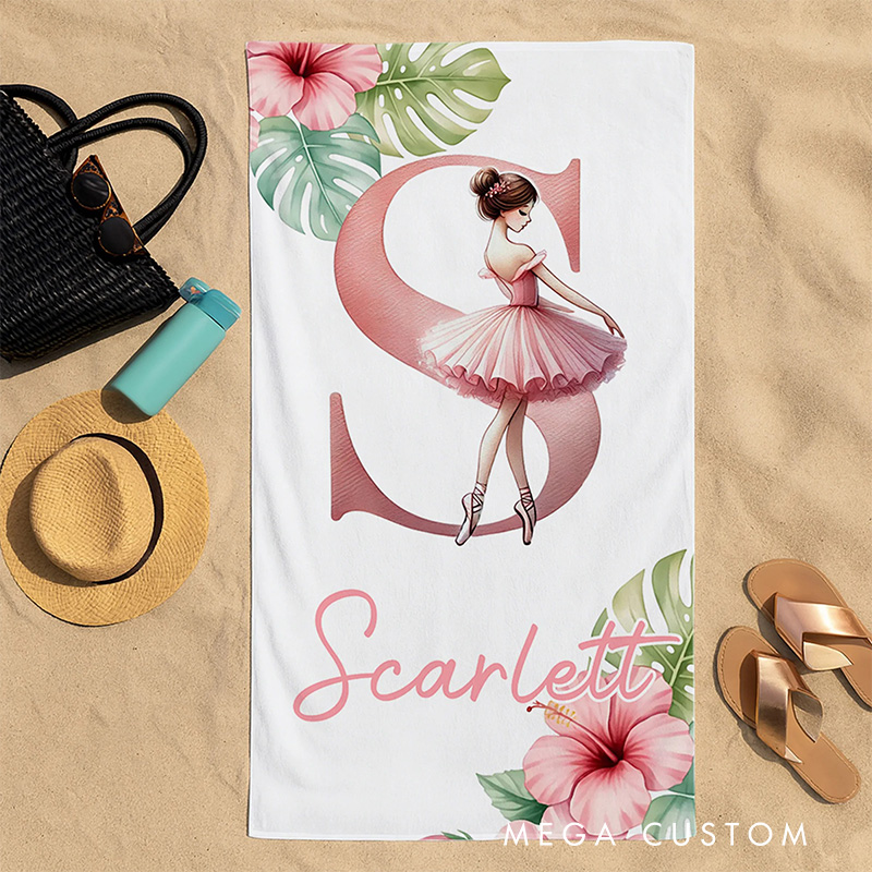 Personalized Rose Cartoon Ballerina Girl Beach Towel Ballet Lover Beach Towel with Name for Dance Lovers Dance Team Birthday Gift for Girls