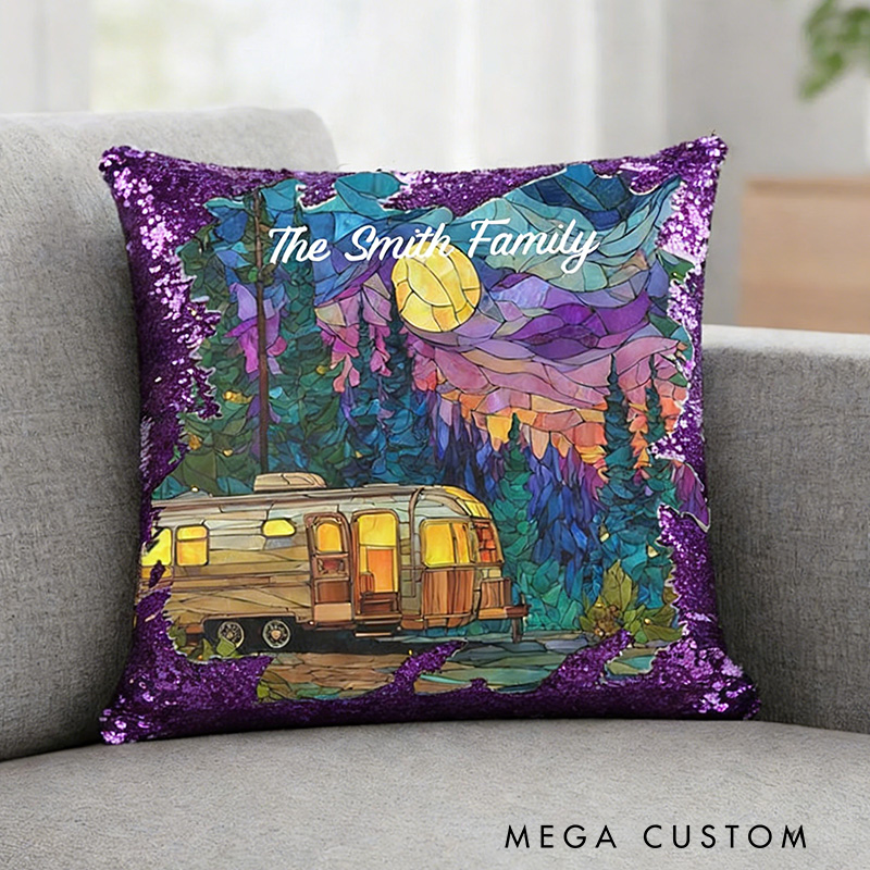 Personalized Family Camper Sequin Pillow Custom Sequin Pillow Case Magic Reversible Throw Custom Sequin Pillow Case Magic Reversible Throw