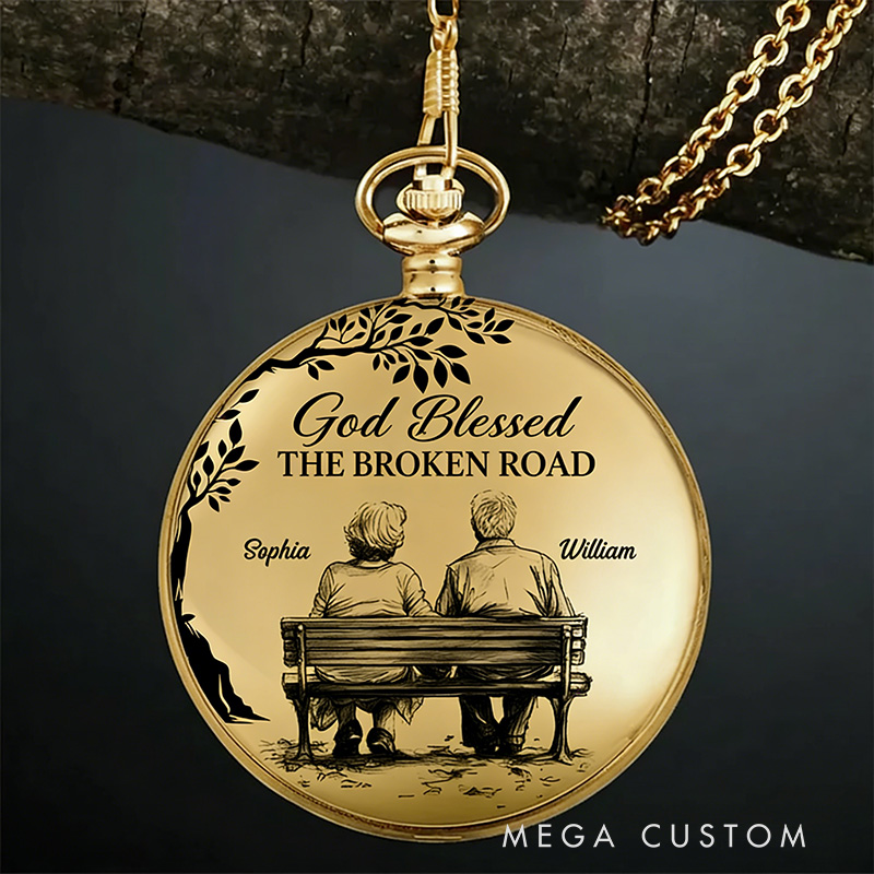 Personalized God Blessed the Broken Road that Led Me Straight to You Pocket Watch with Custom Names Religious Gift for Couple Valentine's Day Gift