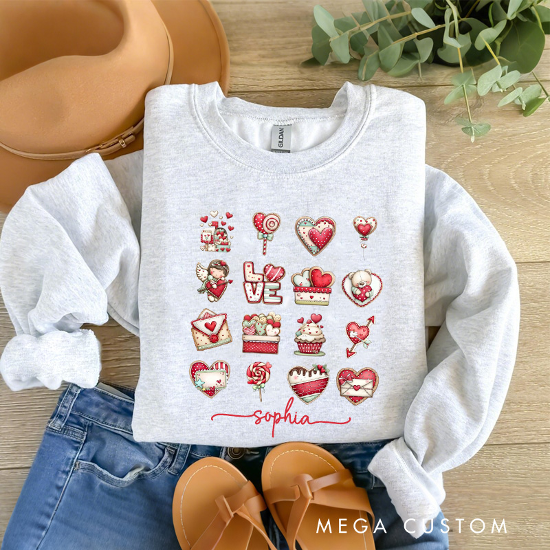 Personalized Whimsical Cookie Valentine Sweatshirt with Name Cute Cookie Style Valentine Heart Sweatshirt Valentine Baking Shirt Cozy Valentine's Day Gift for Women Baking Lover Her