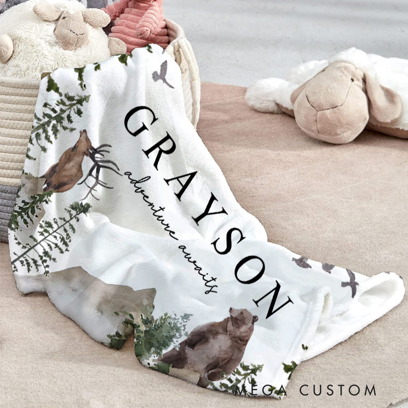 Personalized Woodland Theme Adventure Awaits Baby Blanket Forest Decor Gift