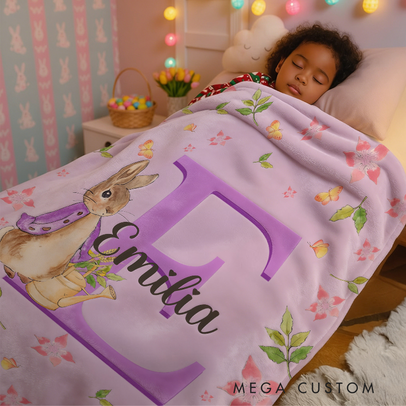 Personalized Name Peter Rabbit Bunny Alphabet Blanket Flannel Sherpa Bed Couch Throw Nursery Home Decor Birthday Easter Gift for Newborns Kids