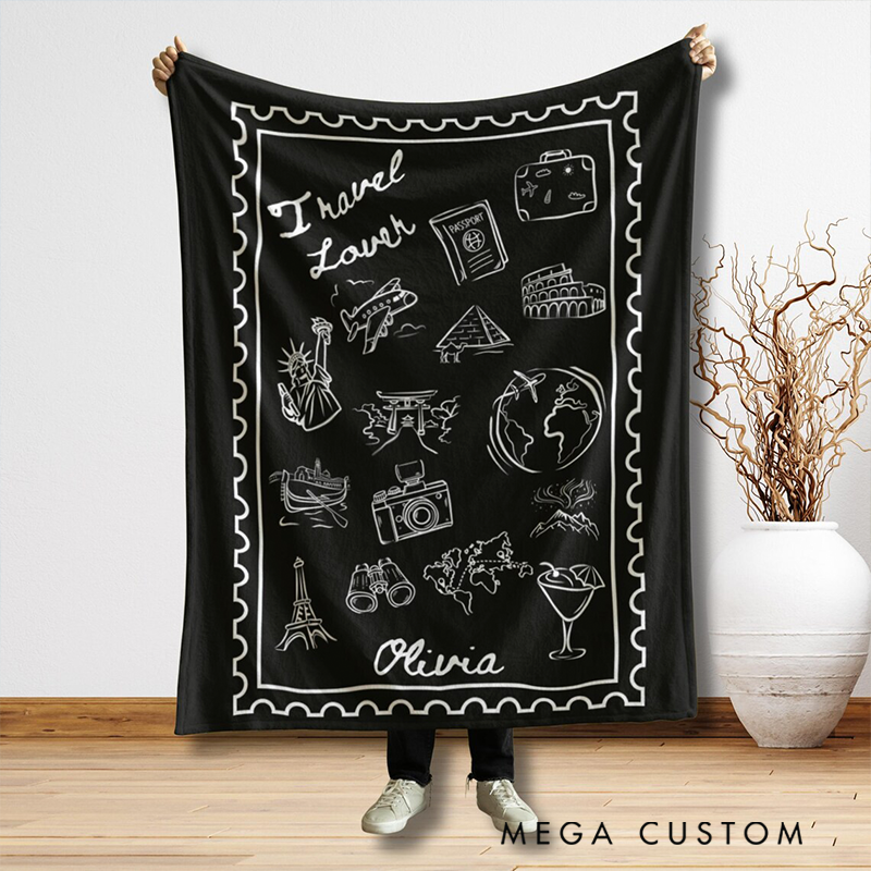 Personalized World Map Throw With Travel Stamps Blanket with Name Quick Dry Oversized Microfiber Travel Essentials Birthday Gift for Her