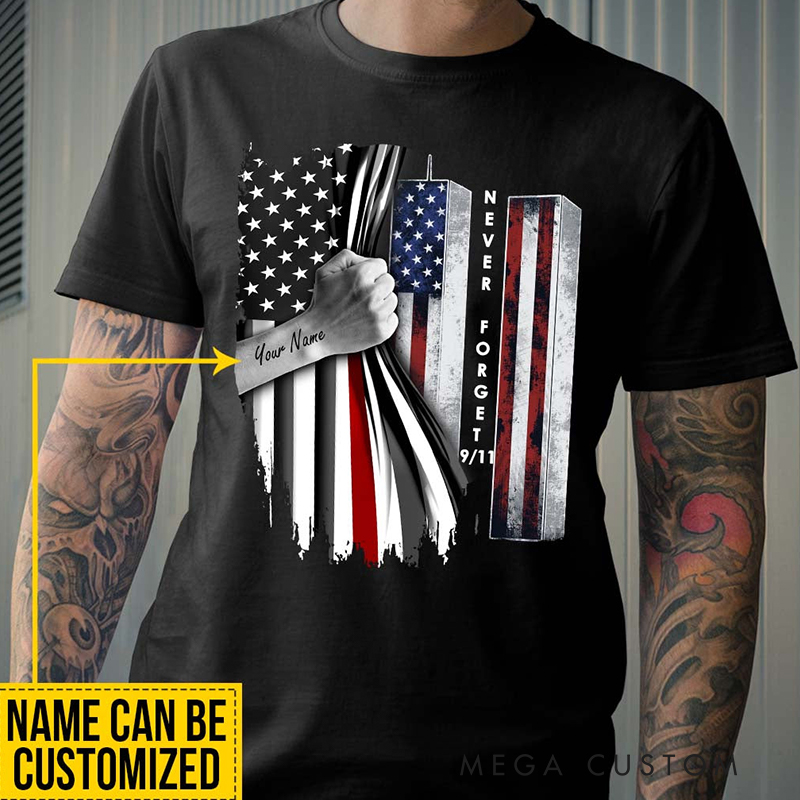 Personalized Firefighter Gifts Custom Name Never Forget 911 T Shirt American Flag Tee Memorial Shirt for Firemen Heroes