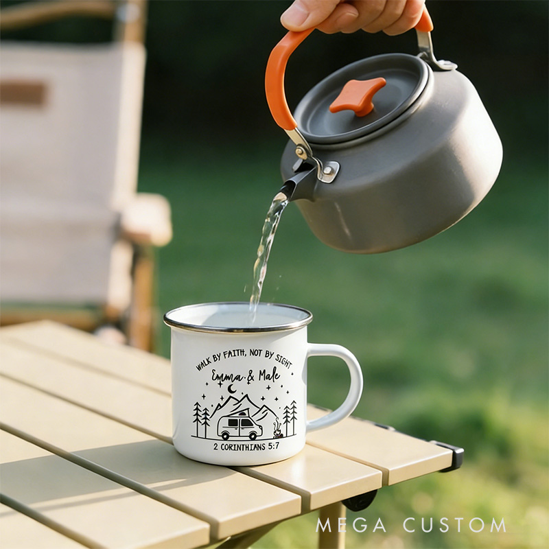 Personalized Walk by Faith Not by Sight Campfire Mountain Forest Design Enamel Mug with Custom Names Religious Gift for Couple Campfire Adventurers