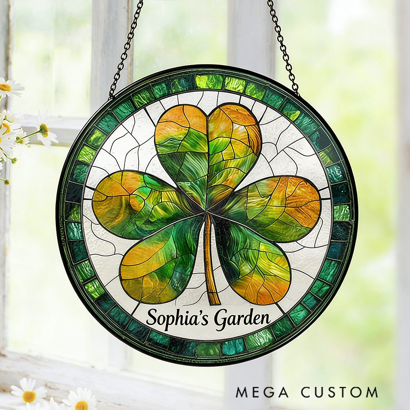 Personalized Irish Shamrock St. Patrick's Day Stained Glass Suncatcher Home Decor with Name for Gardening Lovers Mother's Day Gift