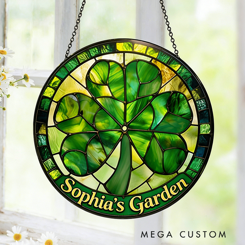 Personalized Shamrock St. Patrick's Day Stained Glass Suncatcher Home Decor with Name for Gardening Lovers Mother's Day Gift