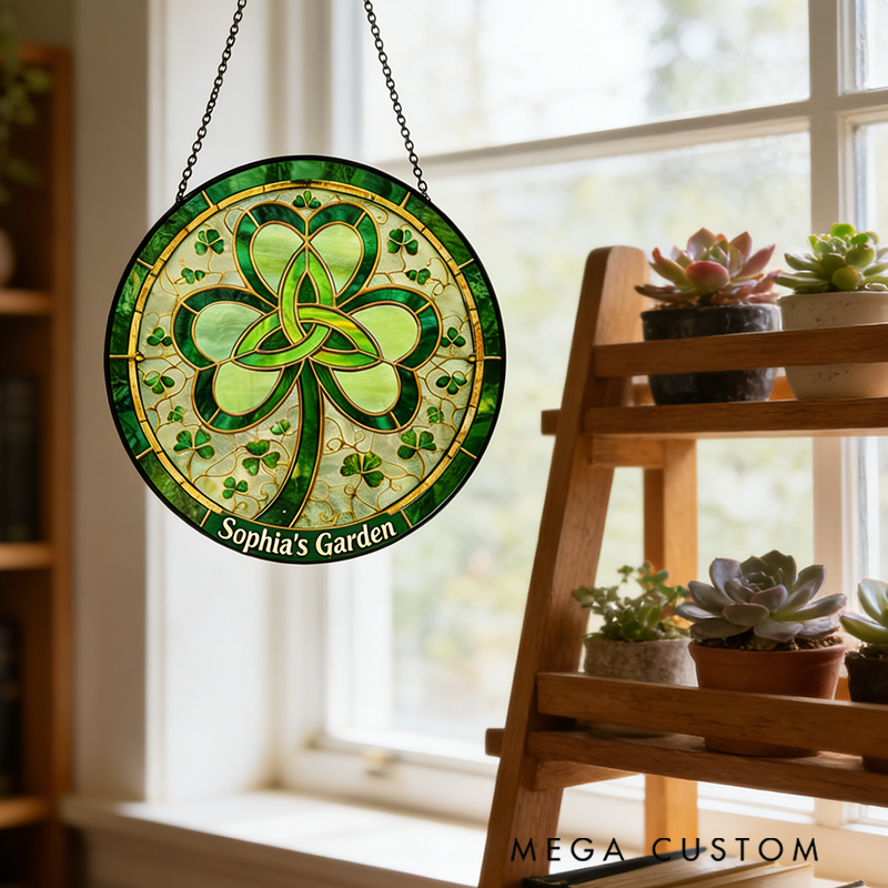 Personalized Shamrock St. Patrick's Day Stained Glass Suncatcher Home Decor with Name for Gardening Lovers St. Patrick’s Day Gift