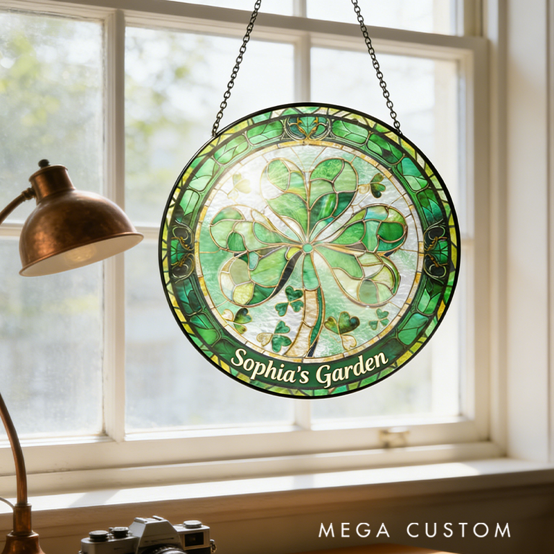 Personalized Shamrock Irish St. Patrick's Day Stained Glass Suncatcher Home Decor with Name for Gardening Lovers St. Patrick’s Day Gift