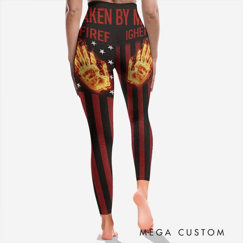 Personalized Firefighter Gifts Custom Name Taken By My Firefighter Leggings Flame Print Yoga Pants for Women Firefighter Wife Gift