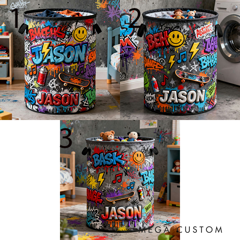 Personalized 2D Flat Street Graffiti Themed Storage Basket for Laundry Toys Organizer Laundry Hamper for Art Lovers
