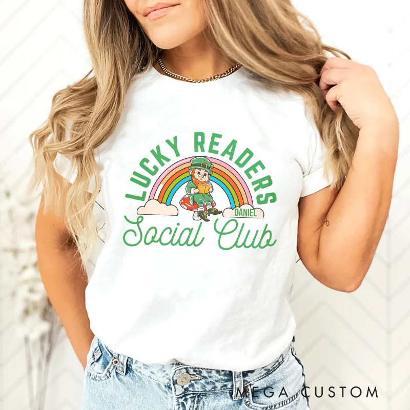 Personalized Lucky Readers Social Club Classic T-Shirts Bookish Retro St Patricks Day Leprechaun Librarian Tee with Name for Book Lover Irish Friends Gift