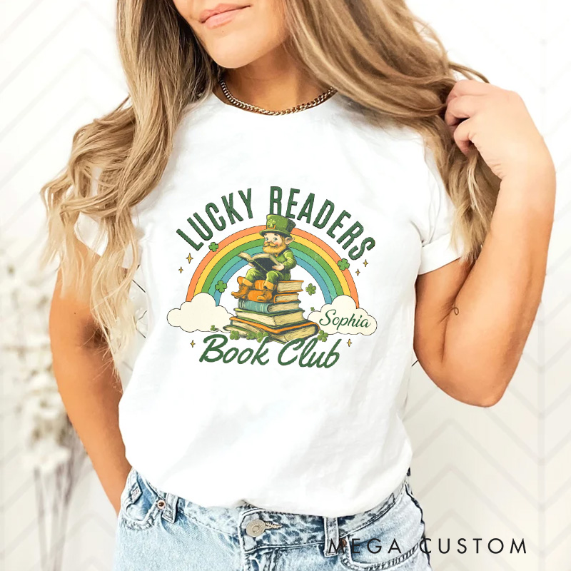 Personalized Lucky Readers Book Club Classic T-Shirts Rainbow Clover Heart Tee St Patricks Day Shirt with Name for Book Lover Librarian Irish Gift