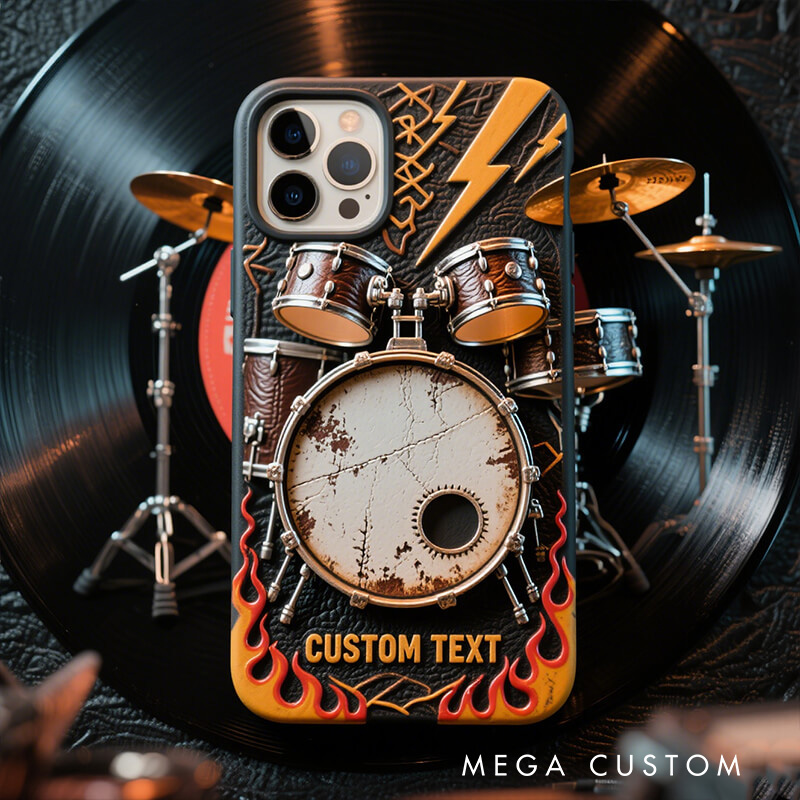 Personalized 2D Flat Drum Set Flame Theme Phone Case Music Lover iPhone Case Music Gift