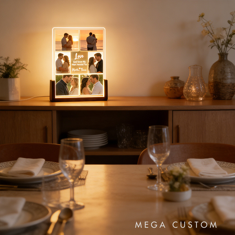 Personalized God Knew My Heart Needed You 6 Photos Acrylic LED Night Light with Custom Name Text and Wooden Base Valentine's Day Gift for Couple