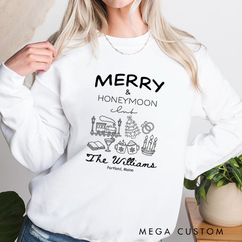 Personalized Merry and Honeymoon Club Classic T-shirts Travel Honeymoon Valentine's Day Crewneck Gift