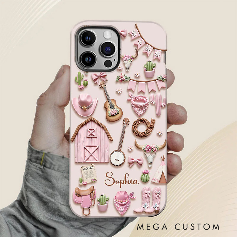 Personalized 2D Flat Pink Cowgirl Country Music Phone Case Music Lover iPhone Case Music Gift