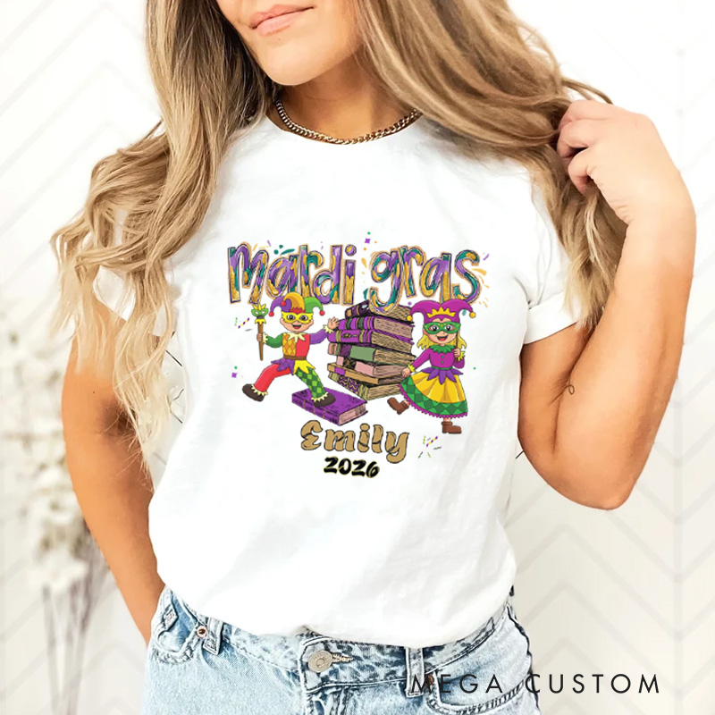 Personalized Mardi Gras Book Classic T-Shirts with Jesters and Books Carnival Bookish Shirt with Name Gift for Book Lover Bookworm Reader