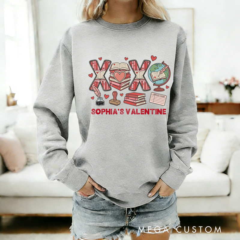 Personalized XOXO Sweatshirt Floral Book shirt with Name Valentines Day Gift for Book Lover Reader Girlfriend Wife Women