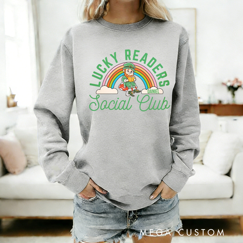 Personalized Lucky Readers Social Club Sweatshirt Rainbow Gnome Reading Sweatshirt with Name St. Patrick Day Gift for Librarian Book Lover Irish Friends