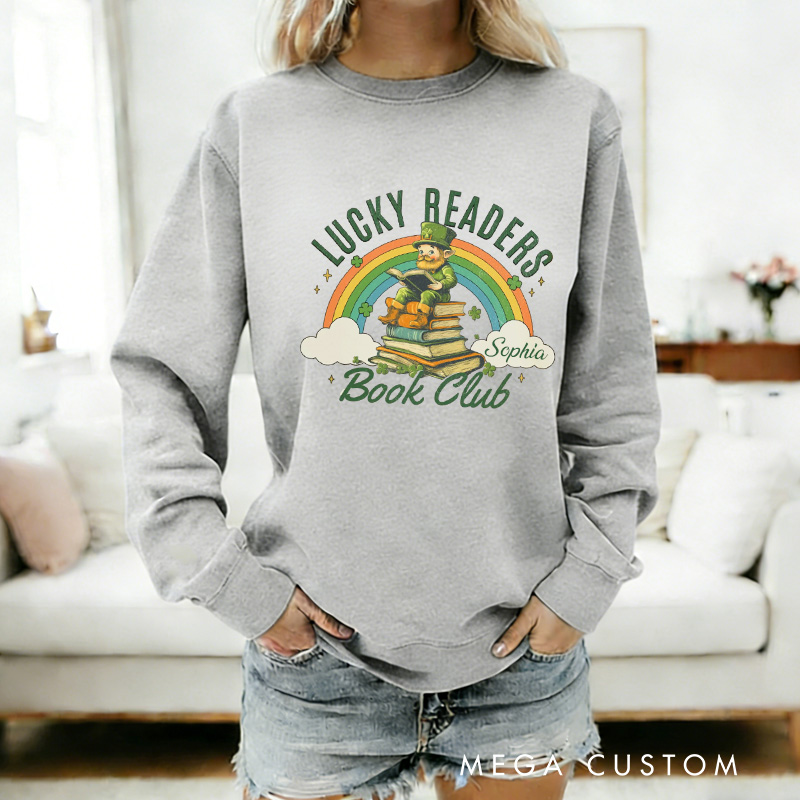 Personalized Lucky Readers Book Club Sweatshirt Rainbow Gnome Reading Sweatshirt with Name St. Patrick Day Gift for Librarian Book Lover Irish Friends