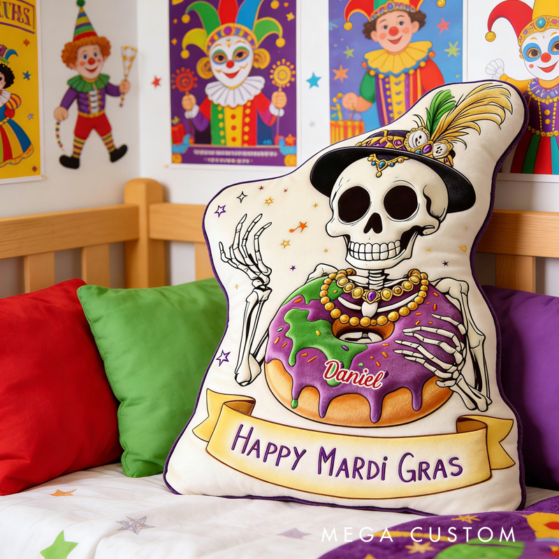 Personalized Mardi Gras King Cake Throw Pillow Graphic 3D Print Skeleton Cake Pillow with Name Mardi Gras Gift for Girl Boy Kids Pillow Baking Lover Gifts