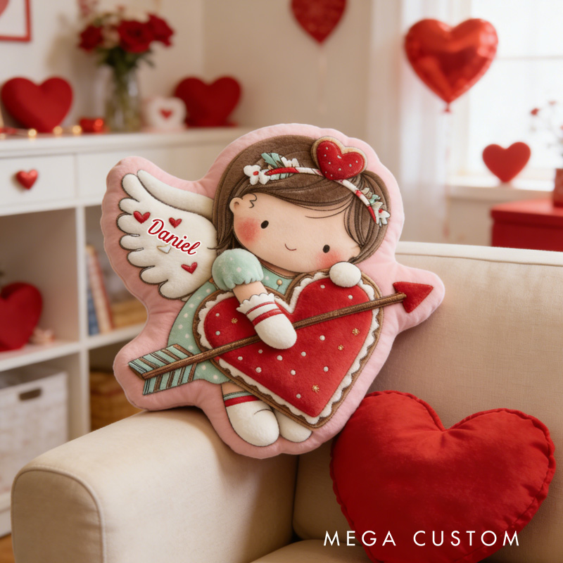 Personalized Cute Cookie Girl Throw Pillow Graphic 3D Print Girl with Red Heart Pillow with Name Valentine's Day Gift for Girl Boy Kids Pillow Baking Lover Gifts