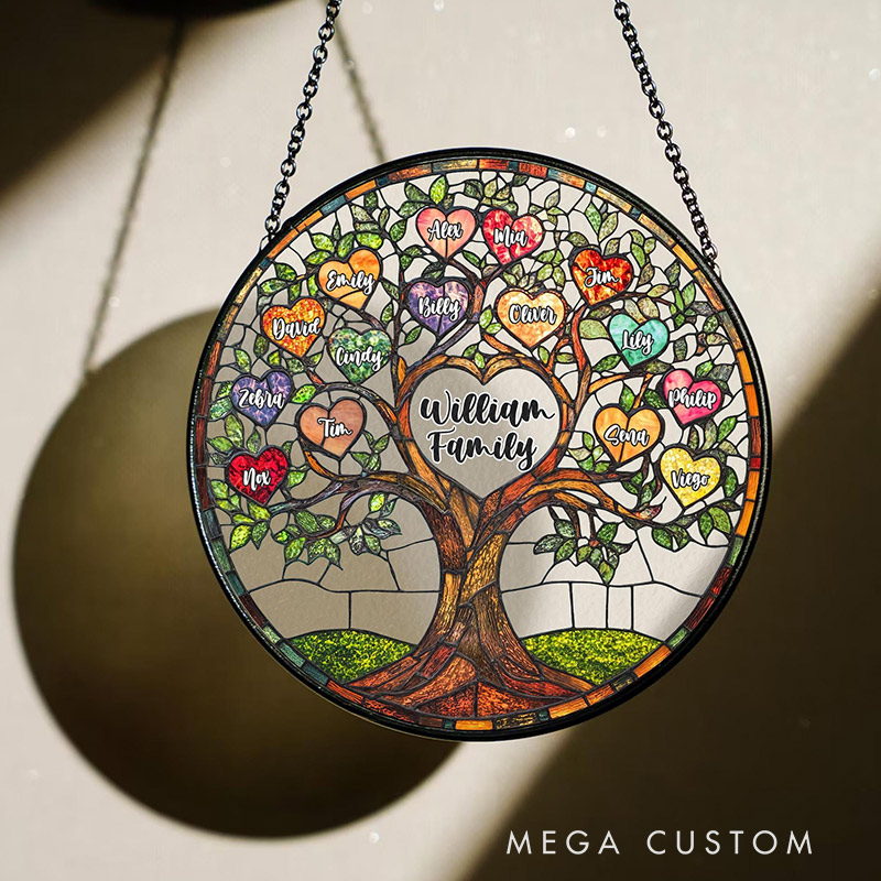 Personalized Family Tree Faux Stained Glass Suncatcher Custom Window Decor Gift for Family