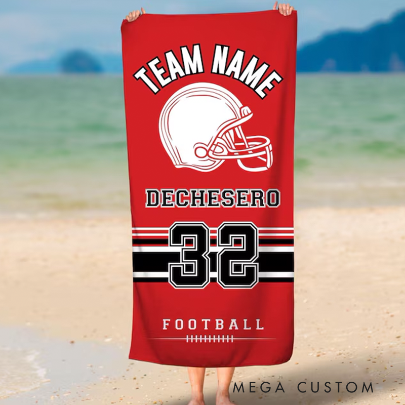 Personalized Football Beach Towel with Custom Team Name Player Name Jersey Number and Helmet Graphic Design