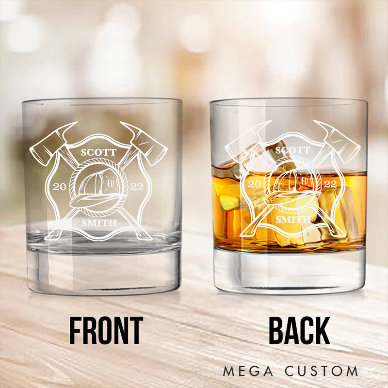 Personalized Firefighter Gifts Custom Name and Year Whiskey Glass Fire Department Maltese Cross Rock Glass for Firemen