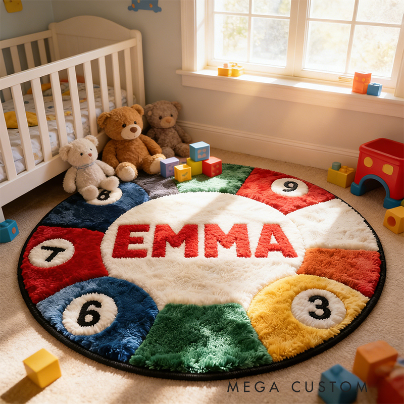 Personalized Pool Ball Rug with Custom Name and Vibrant Colors for Billiard Fans