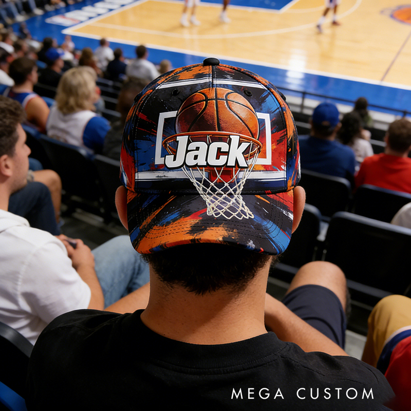 Personalized Basketball Hat with Custom Name and Dynamic Hoop Design for Basketball Enthusiasts