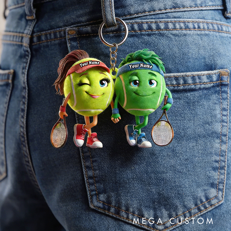 Personalized Tennis Couple Keychains with Custom Names and Cute Design
