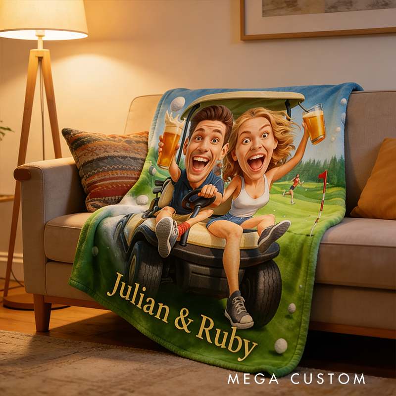 Personalized Golf Cart Blanket with Custom Couple Caricature and Names