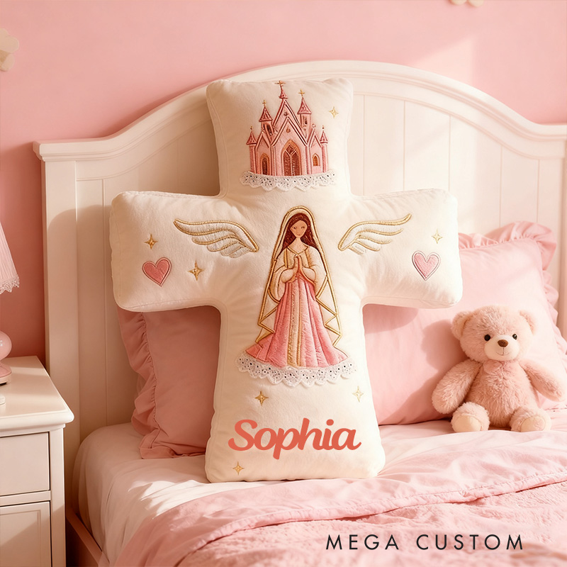 Personalized Virgin Mary Cross Pillow with Custom Name Kid Room Decor Church Cross Angel Wing Religious Faith Gift for Her Graphic 3D Print Pillow